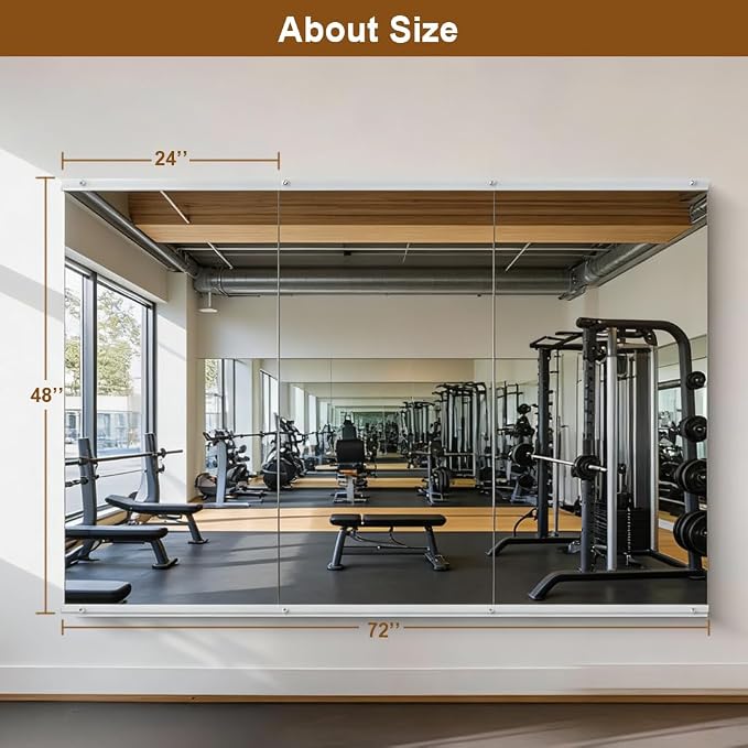 Home Gym Mirror (3 Pack), 48 x 24 Inch Each Large Full Body Frameless Wall Mounted Mirror, Tempered Glass Workout Mirror for Home Gym, Yoga Studio, Dance Room, Garage, Bedroom – Silver