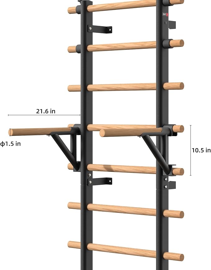 DHT Wood Stall Bar, Swedish Ladder Suspension Trainer with 9 Strategic Rods, for Home, Gym, School and Clinics, Black