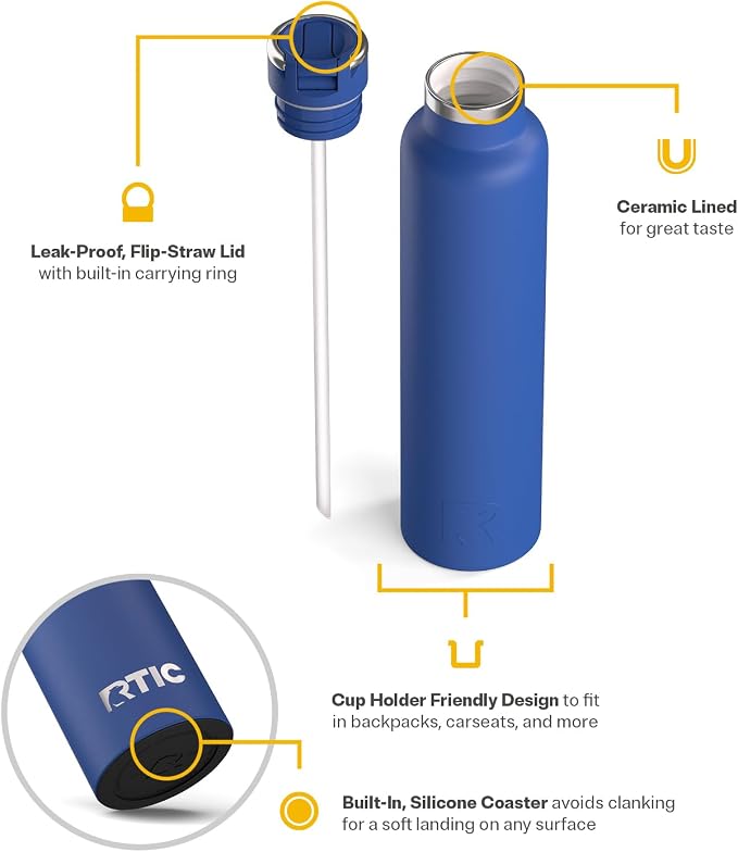 RTIC 26oz Journey Water Bottle, Ceramic Lined, Cobalt | Stainless Steel Metal, Insulated for Hot and Cold Drinks, Sports, Travel and Camping
