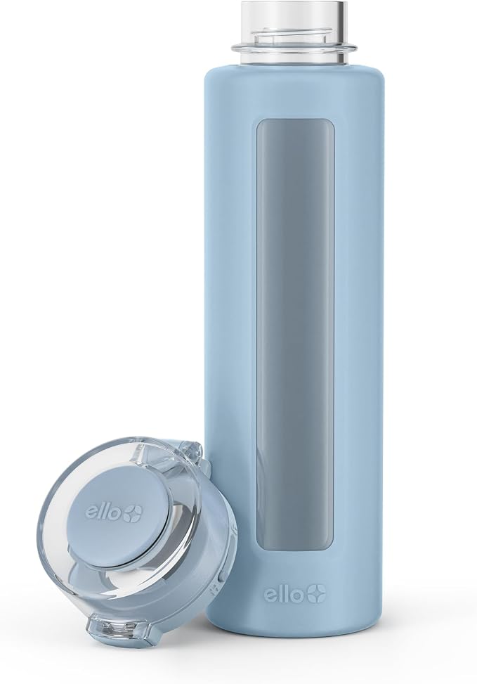 Ello Syndicate 20oz Glass Water Bottle with Flip Lid and Sleeve, Tech Blue | Glass water bottle for iced drinks with leakproof flip lid, silicone sleeve, carry loop, BPA-free, and dishwasher safe