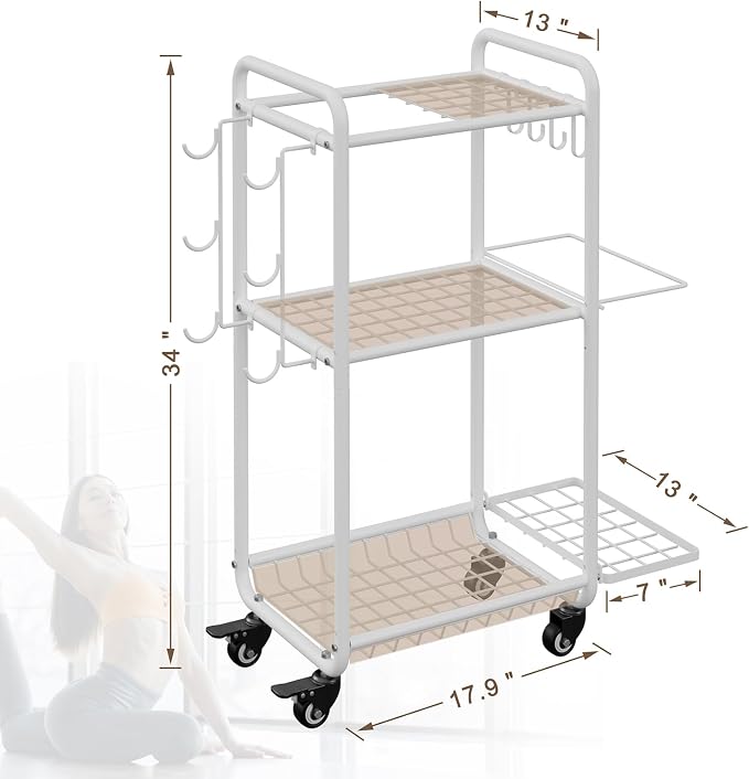 Multi-Functional Home Gym Storage Rack with Wheels and Hooks | Gym Equipment Storage for Dumbbells Kettlebells Yoga Mat, All-in-One, Space Saving, Easy to Assemble