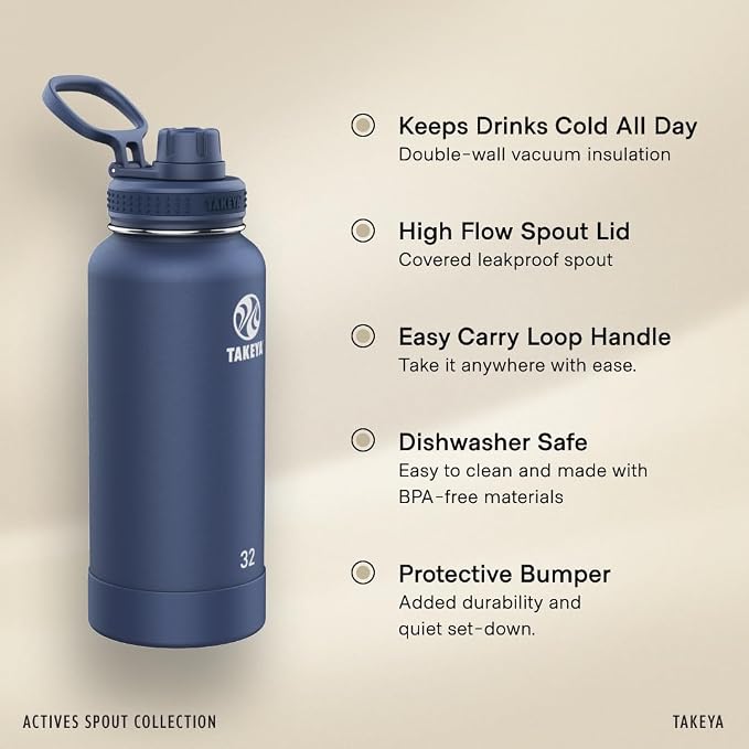 Takeya Actives Water Bottle with Spout Lid - Bottle with Double Stainless Steel Insulation - Dishwasher Safe & BPA-Free - Bottle with Spout Lid & Removable Bumper - 32 oz, Mystic Blue