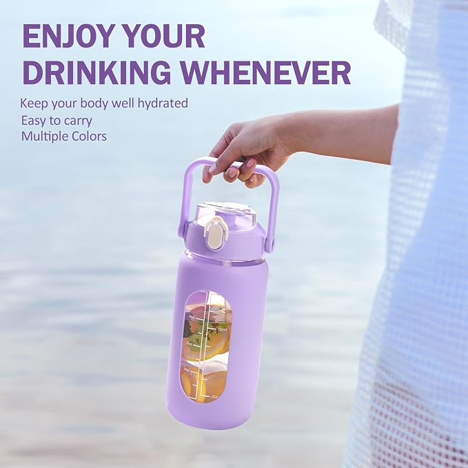 42oz Glass Water Bottles with Straw, Motivational Glass Bottle with Silicone Sleeve and Time Marker, Leakproof Large Glass Water Jug for Gym Home Office,Purple