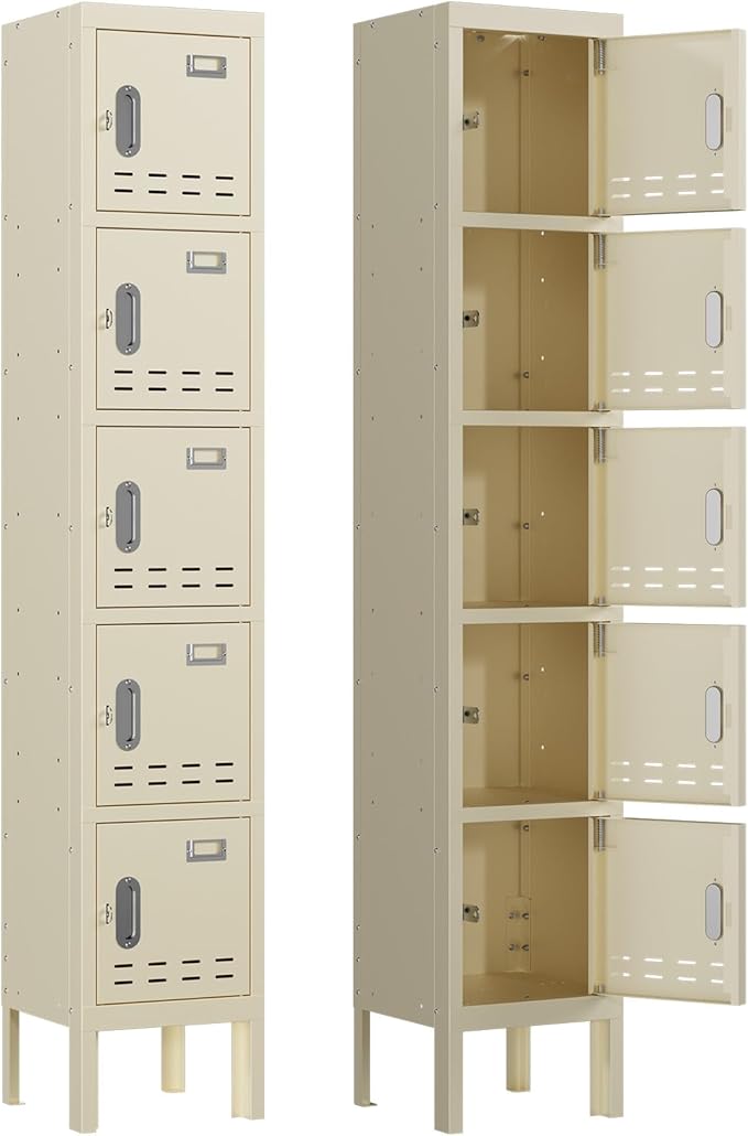 BUTISOW Metal Storage Locker with Lock & Card Slot - Secure Lockable Door - Steel Locker for School, Office, Gym, Home - 66.15" H x 11.8" W x 11.8" D - 5 Door - Beige