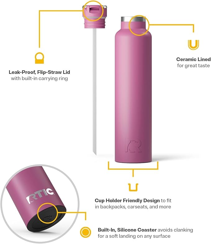 RTIC 26oz Journey Water Bottle Ceramic Lined Metal Stainless Steel Vacuum Insulated, BPA Free, Reusable, for Water, Hot and Cold Drinks, Travel, Sports, Camping, Orchid
