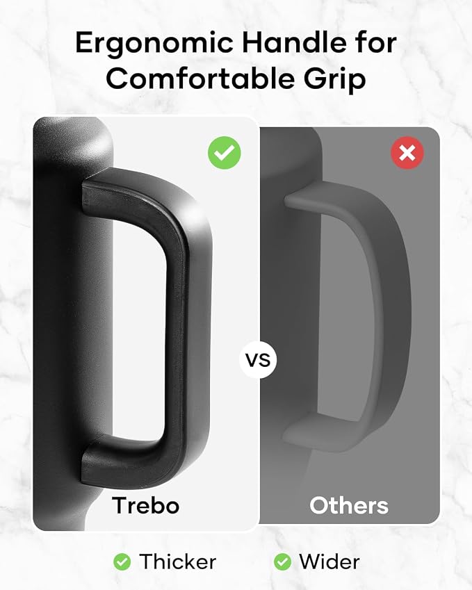 Trebo Insulated Water Bottle 40 oz Fits in Car Cup Holder with Side Handle | Stainless Steel Metal Tumbler with Straw Spout Lids, Triple-Wall Vacuum Copper Plated, Cold 48 Hrs Hot 24 Hrs for Travel, Gym