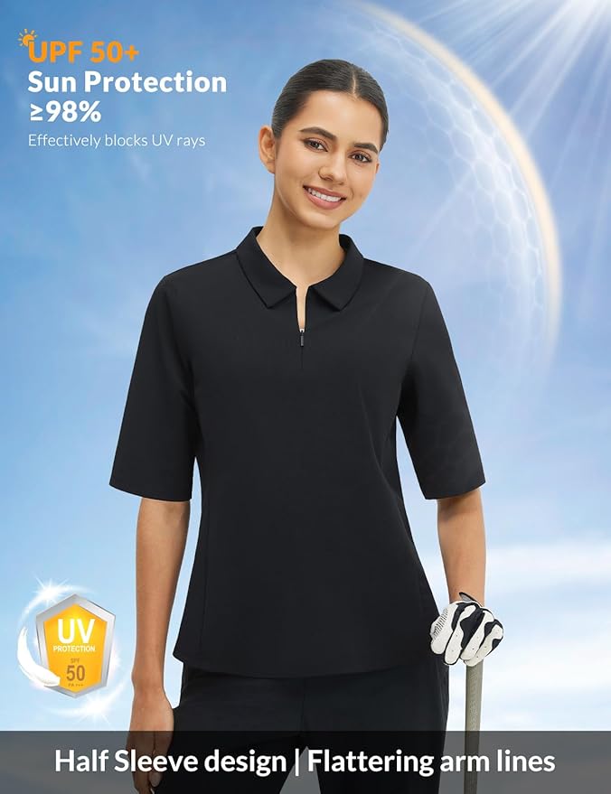 baleaf Womens Golf Shirts Half Sleeve Elbow Length Polo Tops | Stretch, Sun Protection UPF 50+, Quick Dry, Breathable, Moisture Wicking, Quarter Zip V Neck, Ideal for Golf Work Casual