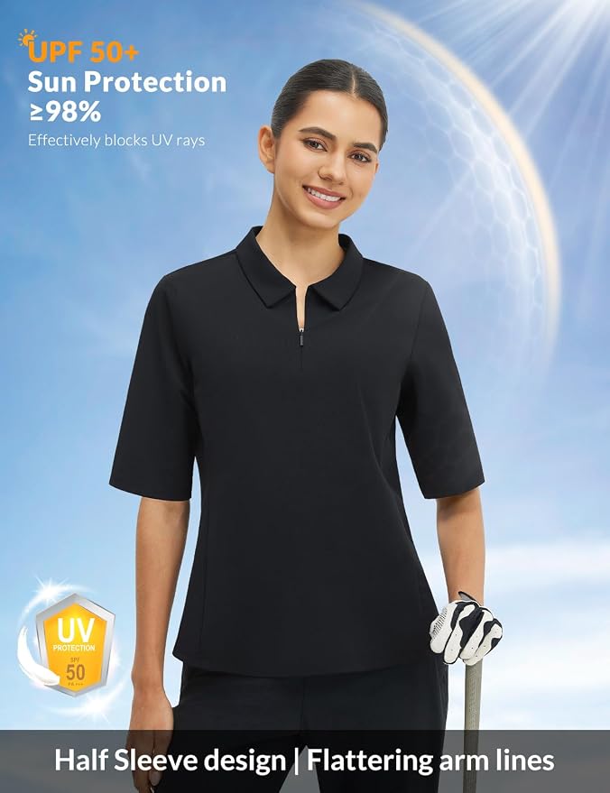baleaf Womens Golf Shirts Half Sleeve Elbow Length Polo Tops | Stretch, Sun Protection UPF 50+, Quick Dry, Breathable, Moisture Wicking, Quarter Zip V Neck, Ideal for Golf Work Casual