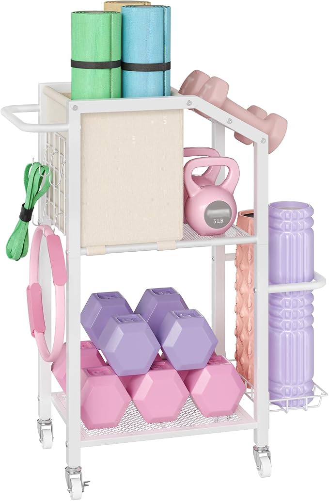 HOOBRO Dumbbell Rack, Weight Rack for Dumbbells, Yoga Mat Storage Rack, Home Gym Storage Rack for Dumbbells Kettlebells Foam Roller, Workout Storage Organizer with Wheels & Hooks