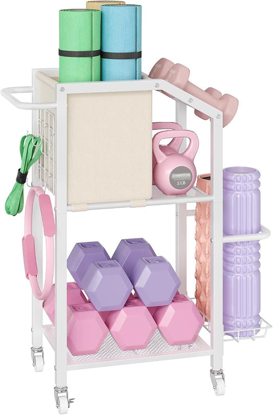 HOOBRO Dumbbell Rack, Weight Rack for Dumbbells, Yoga Mat Storage Rack, Home Gym Storage Rack for Dumbbells Kettlebells Foam Roller, Workout Storage Organizer with Wheels & Hooks