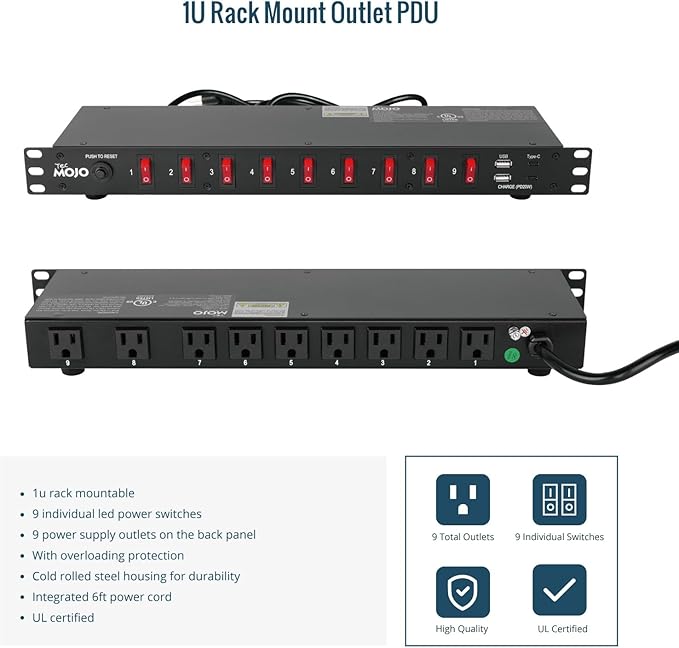 Tecmojo 9-Outlet Rack Mount PDU,1U Horizontal PDU Individual Switch 6ft Cord, with 2USB and 2 Type-C,for IT and Network Racks and Cabinets