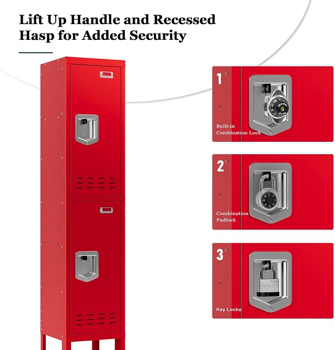 BUTISOW Metal Storage Locker with Lock & Card Slot Locker - Secure Lockable Door - Steel Locker for School, Office, Gym, Home - 66.15" H x 11.8" W x 11.8" D（2 Door, Red）