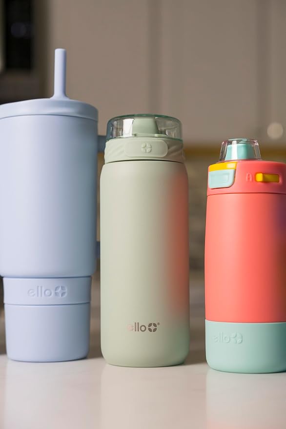 Ello Cooper 18oz Insulated Stainless Kids Water Bottle with Straw, Sage | Leakproof kids water bottle with straw and carry handle. BPA-free, keeps drinks cold 23 hours, backpack friendly for school.