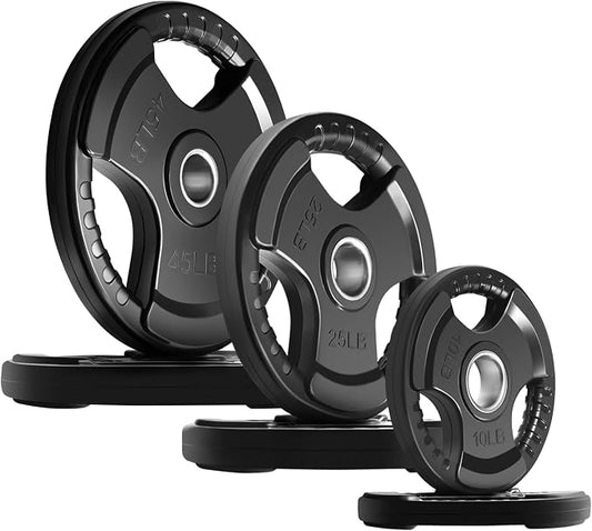 RitFit Olympic Rubber Grip Weight Plates, 2-Inch Barbell Set | Solid Iron Core, Rubber Coated, 2-Inch Olympic Bar Compatible, 3-Hole Grip, 2.5LB to 45LB Weight Options