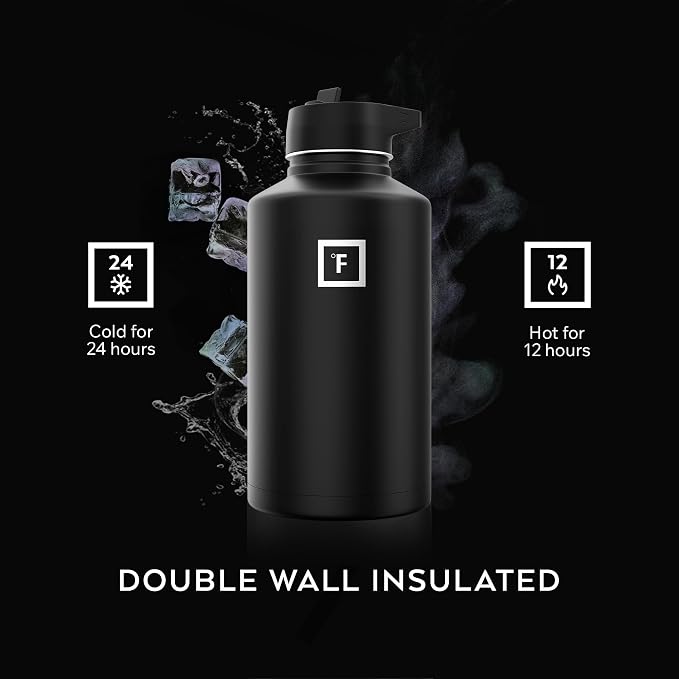 IRON °FLASK 64 oz Wide Mouth Water Bottle with Straw | Insulated Half Gallon Water Bottle with Leakproof Straw Lid - BPA Free, Cold 24 Hrs, Sweat Free (Midnight Black)