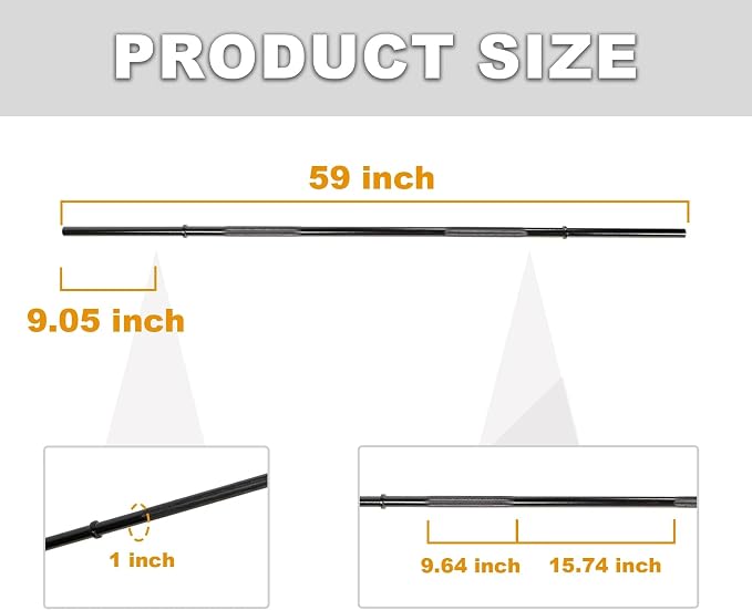 Available in 5FT and 7FT, Straight Barbell Bar, 1-Inch Standard Diameter, Alloy Steel, Black Finish, 300LBS Weight Capacity, Chrome Surface, Diamond Knurling, Anti-Skid Grip,