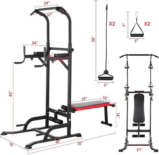 Multi-Function Power Tower with Folding Bench 4 Training Ropes | Pull Up Bar Stand with Adjustable Heights and Angles, Heavy-duty Frame, 400LBS Capacity, Home Gym Full-body Strength Training