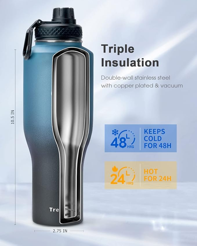 Trebo 40 oz Water Bottle Insulated Fit in Any Car Cup Holder with 2 Lids | Stainless Steel T-shape Tumbler with Paracord Handle, Triple Wall Vacuum Copper Plated, Cold 48 Hrs for Travel, Wide Mouth