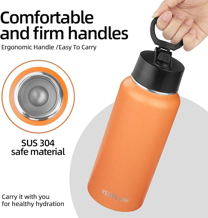 Insulated Water Bottle With Straw,32 oz Vacuum Insulated Stainless Steel Sports Water Flask,Keeps Cold and Hot,Metal Water Bottle Wide Mouth for Gym Travel Camping (Orange)