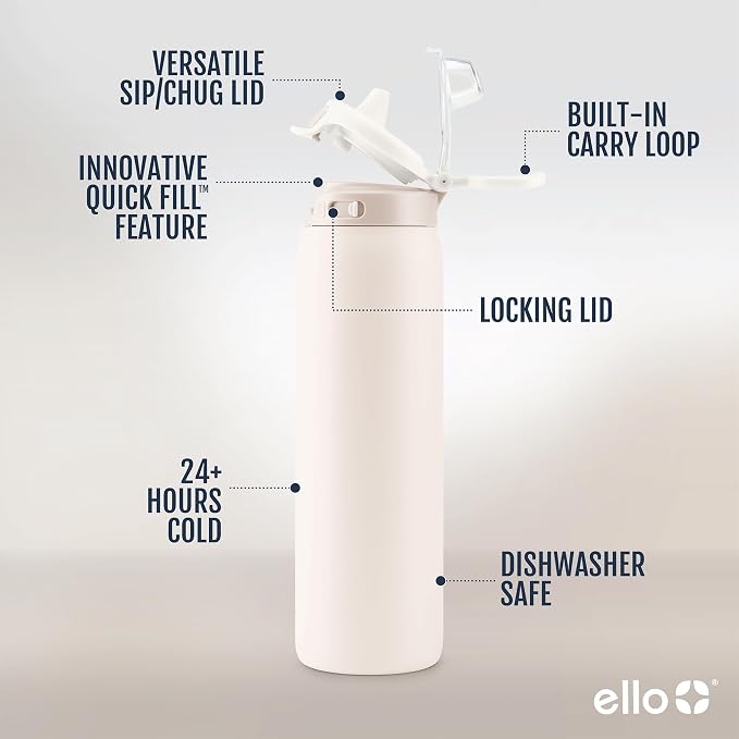 Ello Pop & Fill Insulated Stainless Steel Water Bottle with Quick Fill Lid, Leakproof Locking, Sip or Chug Spout, BPA-Free, Double Wall Vacuum Insulated for Sports, Travel & School- 22oz / 32oz / 40oz