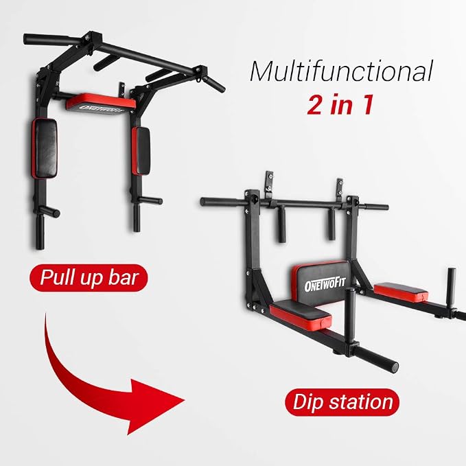 OneTwoFit Multifunctional Wall Mounted Pull Up Bar Chin Up bar Dip Station for Indoor Home Gym Workout, Power Tower Set Training Equipment Fitness Dip Stand Supports to 440 Lbs