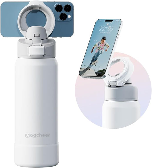 Insulated Magnetic Water Bottle - Reusable Stainless Steel Bottle with MagSafe Compatible Phone Holder - Keeps Cold for 24 Hours - Perfect for Gym, Sports, and Travel - White 32oz