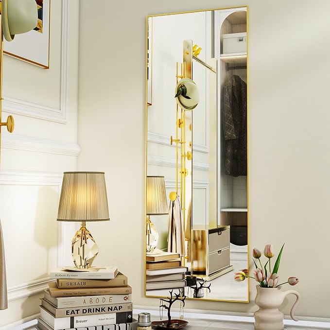 VooBang Mirror Full Length, 18" x 58" Floor Mirror with Stand | Aluminum Alloy Frame Full Body Mirror, Standing Hanging or Leaning Against Wall for Bedroom and Living Room, Gold