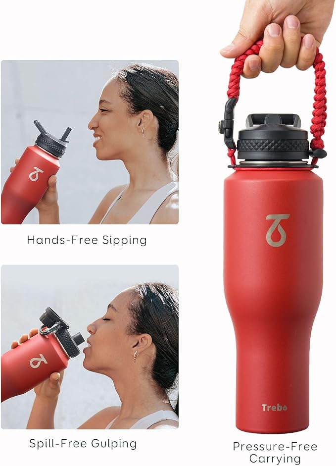 Trebo 40 oz Water Bottle Insulated Fit in Any Car Cup Holder with 2 Lids | Stainless Steel T-shape Tumbler with Paracord Handle, Triple Wall Vacuum Copper Plated, Cold 48 Hrs for Travel, Wide Mouth