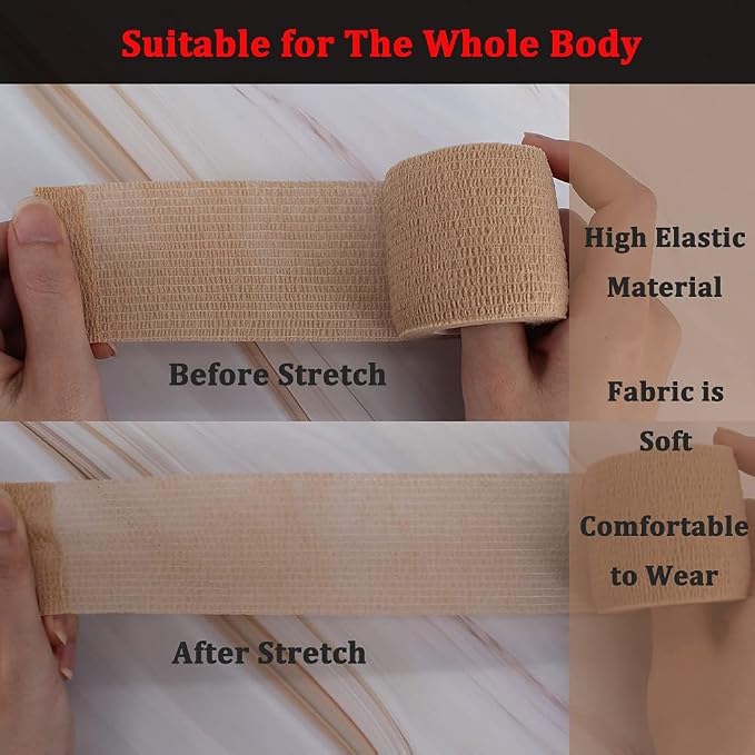 24 Pack Brown Breathable Self Adhesive Bandage Wrap 2 Inch, Multi-Purpose Non-Woven Cohesive Wrap - Vet Wrap | Athletic Tape | Medical Tape, Ankle Sprains, Swelling, Pets.