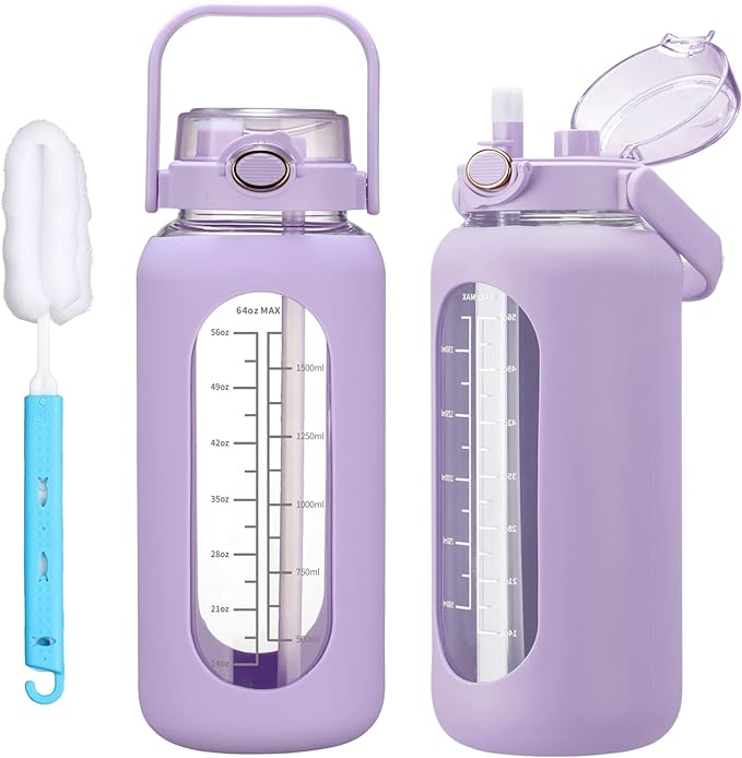 chunmo 42oz/52oz/64oz Glass Water Bolttles with Straw Half Gallon Large Motivational Water Bottle with Time Marker Sports Water Bottles with Silicone Sleeve and Handle Lid Water Jug for Gym Workout