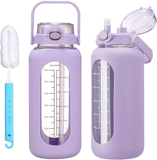 chunmo 64oz Glass Water Bolttles with Straw Half Gallon Large Motivational Water Bottle with Time Marker Sports Water Bottles with Silicone Sleeve and Handle Lid Water Jug for Gym Workout
