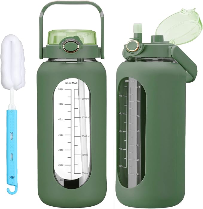 chunmo 64oz Glass Water Bolttles with Straw Half Gallon Large Motivational Water Bottle with Time Marker Sports Water Bottles with Silicone Sleeve and Handle Lid Water Jug for Gym Workout