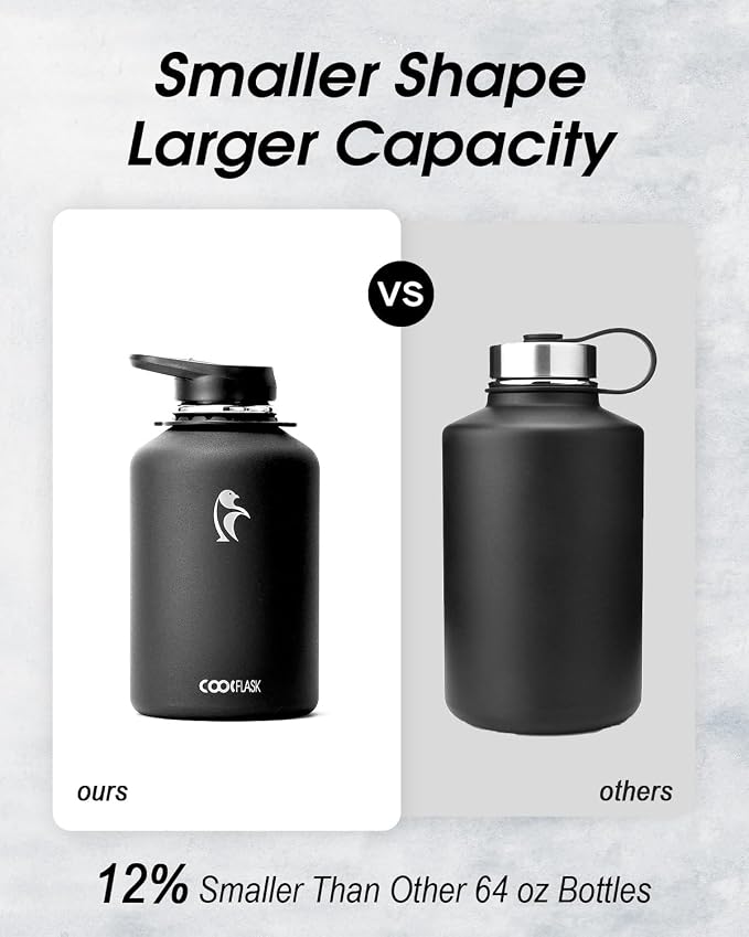 Coolflask Half Gallon Water Bottle Insulated Stainless Steel with Strap | 64 oz Large Water Jug with Straw & Spout Lids,Triple-Wall, Cold 48+h,Dishwasher Safe, Leakproof, BPA-Free,for Gym & Hiking