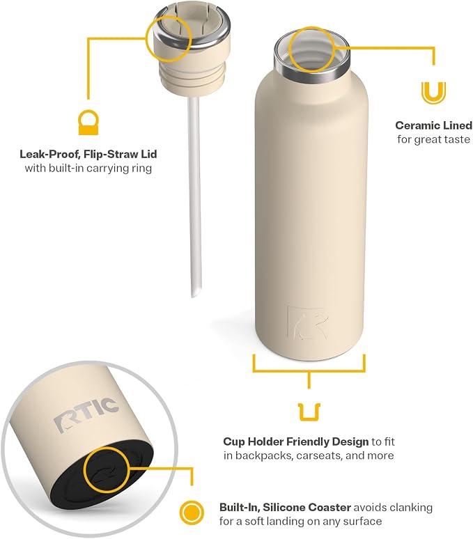 RTIC 20oz Journey Water Bottle, Ceramic Lined, Beach | Stainless Steel Metal, Insulated for Hot and Cold Drinks, Sports, Travel and Camping