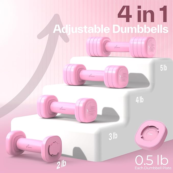 Adjustable Dumbbell Set of 2: Sportneer 4 in 1 Free Weights Dumbbells Set for Women, Hand Weights for Women at Home, Available in 5 lb × 2 and 10 lb × 2 Sets with Soft Rubber Handle for Home Gym Exercise Training