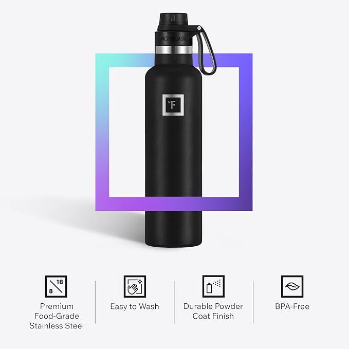IRON °FLASK 24 oz Narrow Mouth Water Bottle with Spout | Insulated Stainless Steel Sports Water Bottle with Leakproof Spout Lid - BPA Free, Cold 24 Hrs, Sweat Free (Black Marquina)