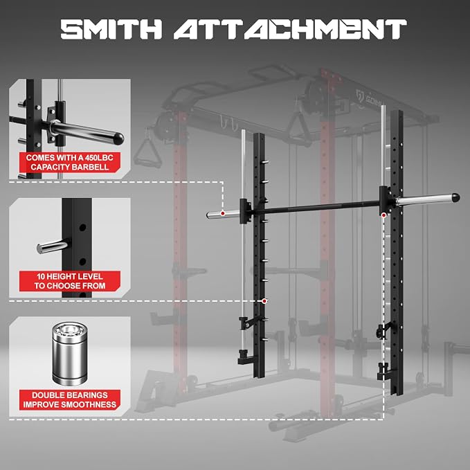 S1-V4 Smith Machine, 2000LBS Power Cage with Cable Crossover System, All-in-One Squat Rack with Smith Bar, Strength Training Equipment for Home Gym