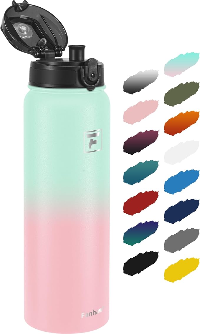 Fanhaw 32 oz Insulated Stainless Steel Water Bottle with Anti-Dust Chug Lid, Leakproof Vacuum Sports Bottle for Kids, Teens & Adults, Back to School Essentials (Green Pink)