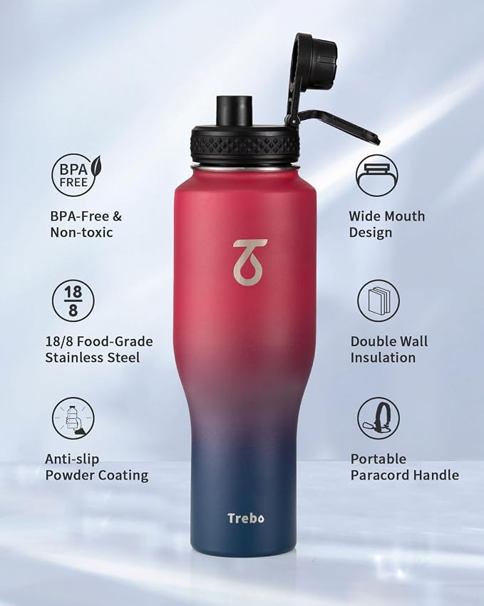 Trebo 40 oz Water Bottle Insulated Fit in Any Car Cup Holder with 2 Lids | Stainless Steel T-shape Tumbler with Paracord Handle, Triple Wall Vacuum Copper Plated, Cold 48 Hrs for Travel, Wide Mouth