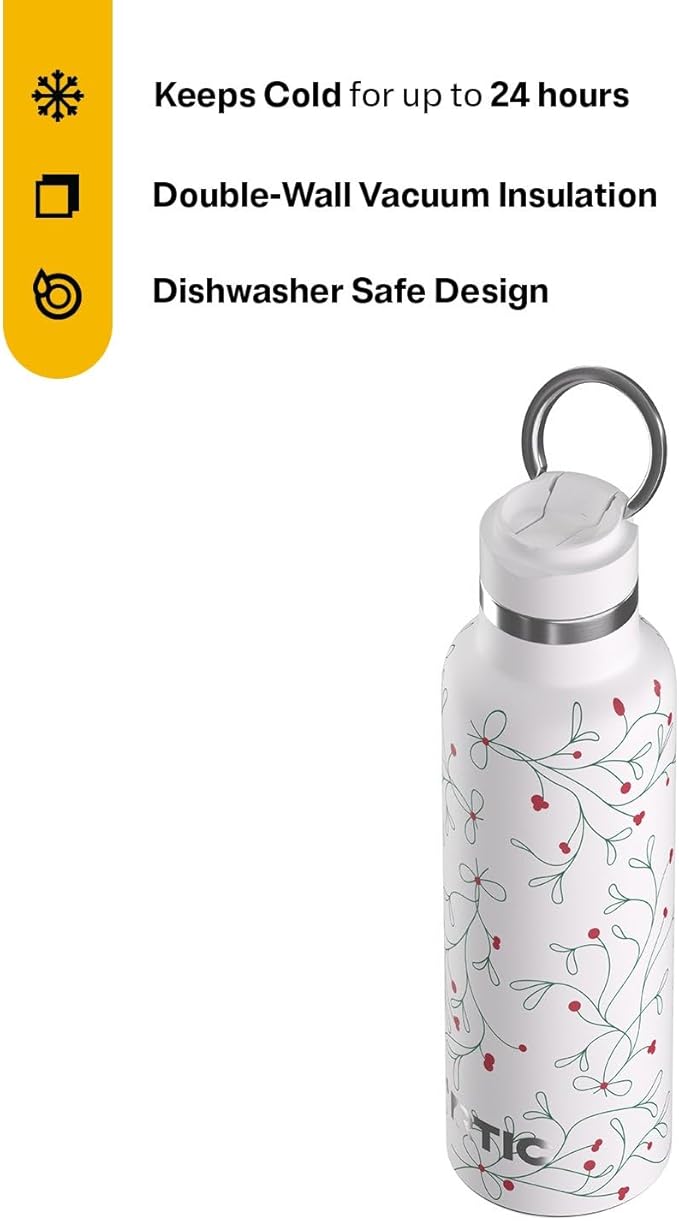 RTIC 20oz Journey Water Bottle Ceramic Lined Metal Stainless Steel Vacuum Insulated, BPA Free, Reusable, for Water, Hot and Cold Drinks, Travel, Sports, Camping, Mistletoe