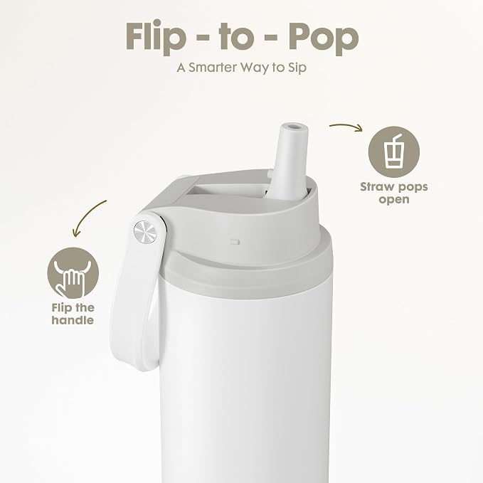 Meoky 24 oz Insulated Water Bottle: Flip-to-Pop Straw, Leak Proof, 24H Cold, Fits in Car Cup Holder, Wide Mouth, BPA-Free, Metal Water Bottle for Travel Sports Gym Backpack, Pearl