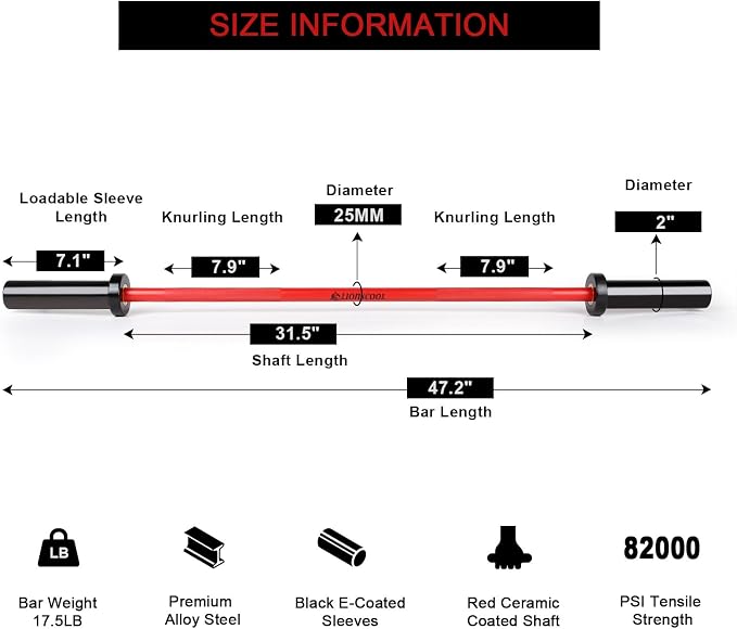 LIONSCOOL 4ft/4.9ft/6ft 2-Inch Olympic Barbell for Strength Training | Weightlifting, Squat, Curl, Deadlift, Press, Hip Thrust Straight Weight Bar, 350/500lbs Capacity, Chrome, Black, Silver, Red