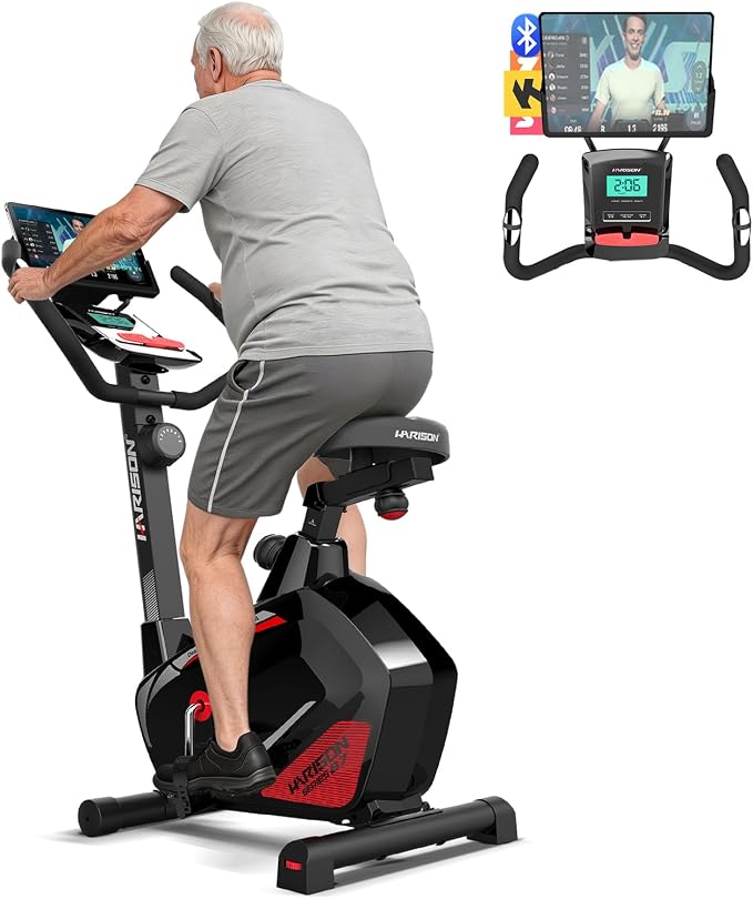 Upright Exercise Bike with 14-Level Resistance & 350 LB Capacity | Heavy-Duty Steel Frame, Quiet Belt Drive, Adjustable Seat, LCD Monitor, Tablet Holder & Pulse Tracking for Indoor Cycling