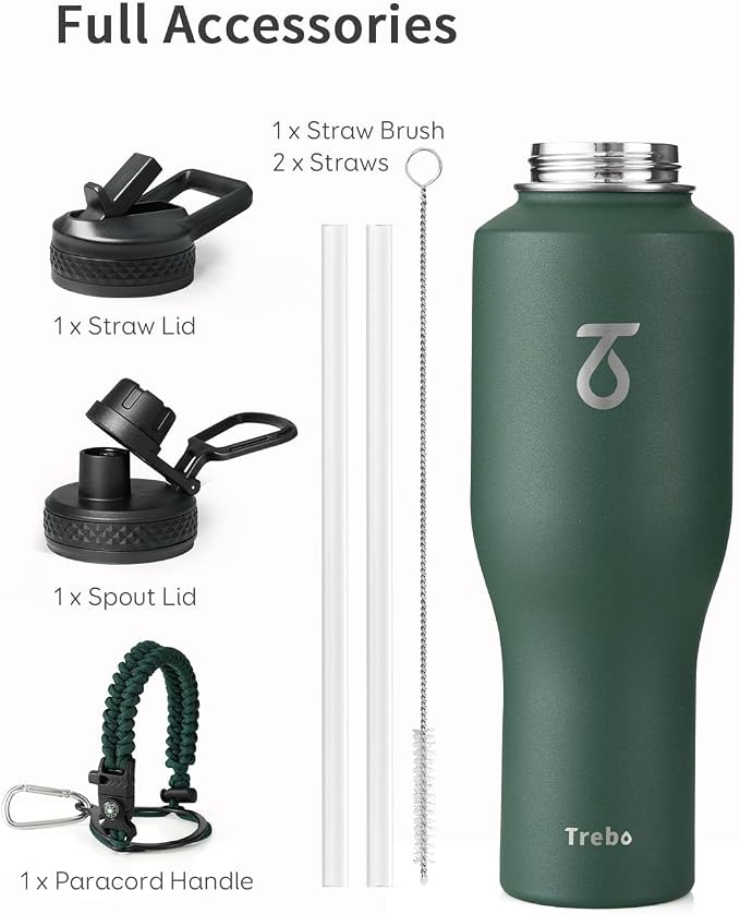 Trebo 40 oz Water Bottle Insulated Fit in Any Car Cup Holder with 2 Lids | Stainless Steel T-shape Tumbler with Paracord Handle, Triple Wall Vacuum Copper Plated, Cold 48 Hrs for Travel, Wide Mouth