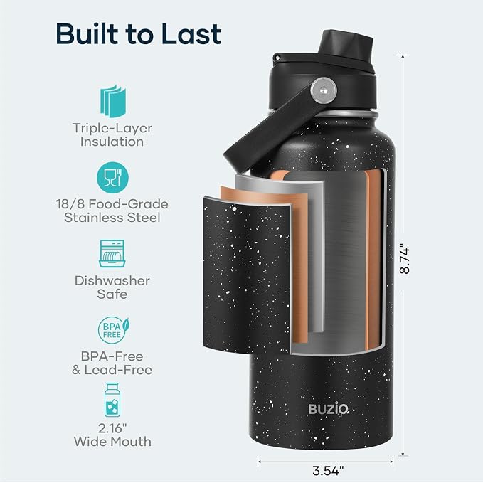 BUZIO 32 oz Water Bottle Insulated, Leakproof Stainless Steel Flask (Cold for 48 Hrs), Wide Mouth BPA-Free Metal Thermo Hydro Canteen with 2 Lids, Starry Day & Night