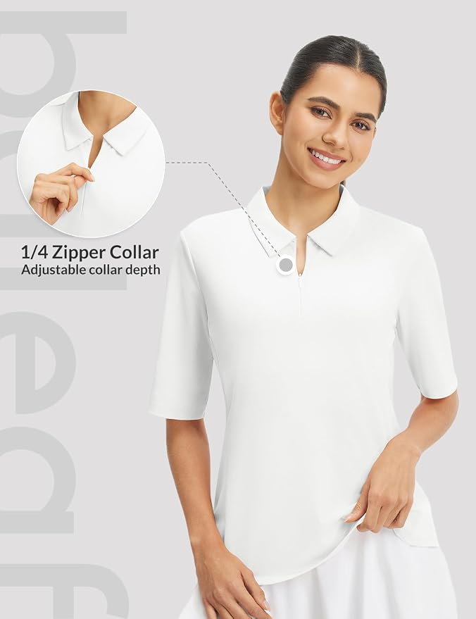 baleaf Womens Golf Shirts Half Sleeve Elbow Length Polo Tops | Stretch, Sun Protection UPF 50+, Quick Dry, Breathable, Moisture Wicking, Quarter Zip V Neck, Ideal for Golf Work Casual