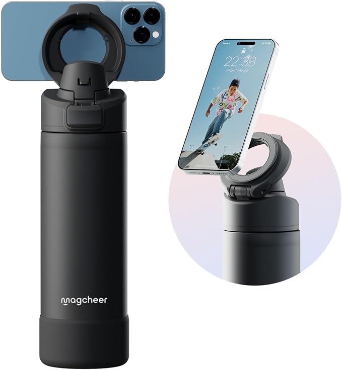 Insulated Magnetic Water Bottle - Reusable Stainless Steel Bottle with MagSafe Compatible Phone Holder - Keeps Cold for 24 Hours - Perfect for Gym, Sports, and Travel - Black 24oz
