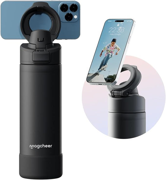 Insulated Magnetic Water Bottle - Reusable Stainless Steel Bottle with MagSafe Compatible Phone Holder - Keeps Cold for 24 Hours - Perfect for Gym, Sports, and Travel - Black 24oz