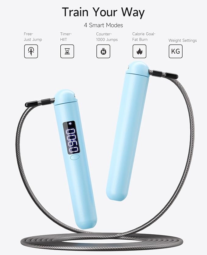 ACHDOFITS Jump Rope with Smart Counter for Adults | Tangle-free Steel Core, 170g. Fits 5'-6'5". 4 Modes: Beginner-HIIT. Rechargeable. For Women & Men. Tracks Calories & Jumps.