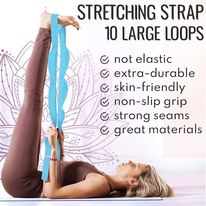 TECEUM Stretching Strap with 10 Loops for Physical Therapy & Rehab | Non-Elastic Yoga Stretch Band for Hamstring, Leg, Hip & Knee Rehab, Pilates, Flexibility & Mobility Exercises for Men & Women